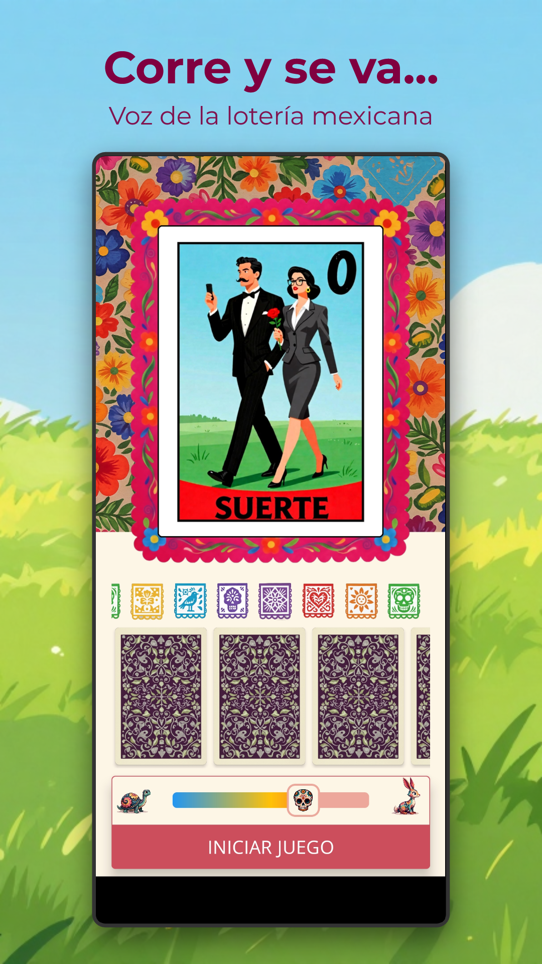 Corre y se va lotería game board with Mexican card layout
