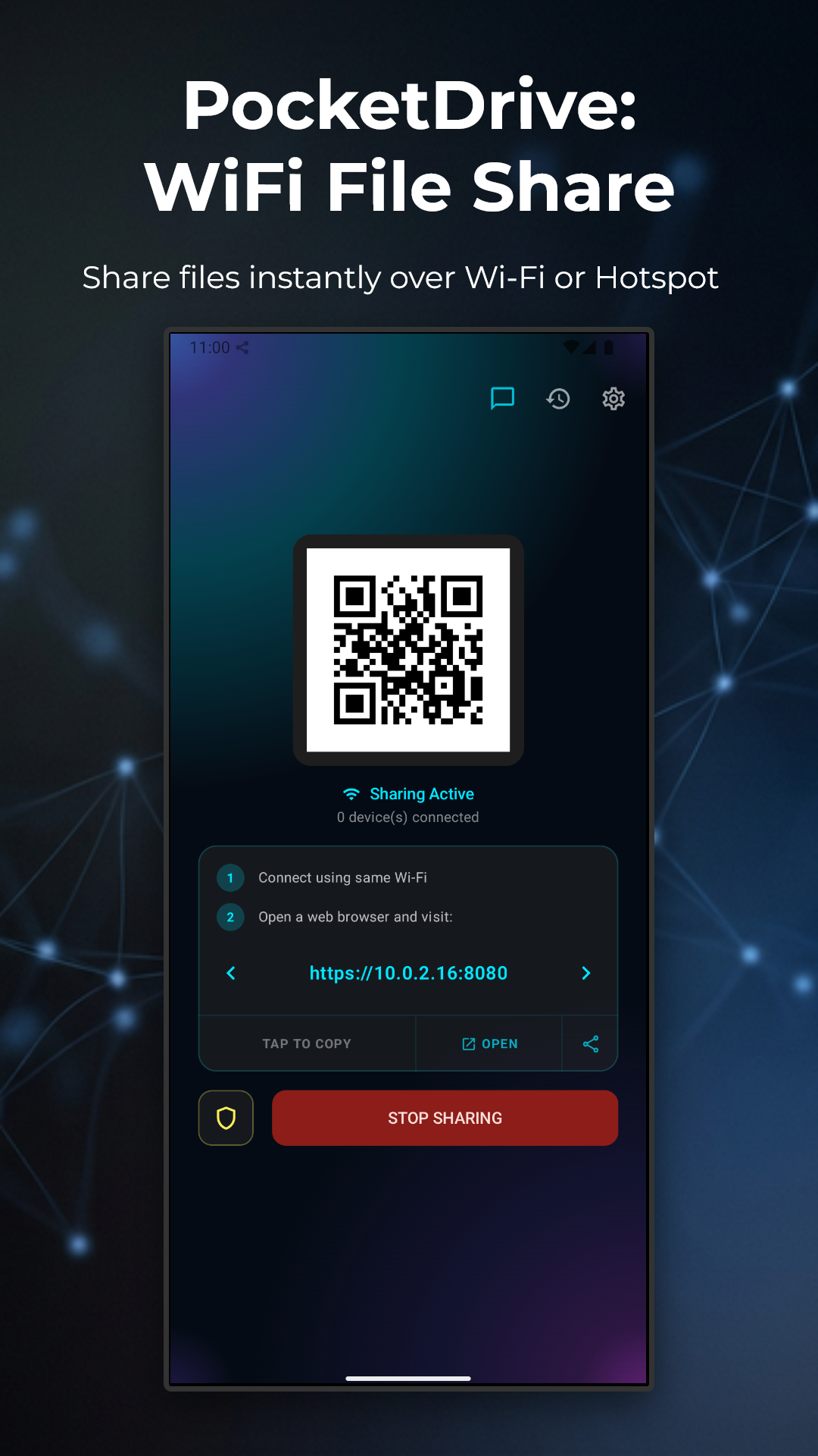 PocketDrive main screen showing connected devices on local WiFi network