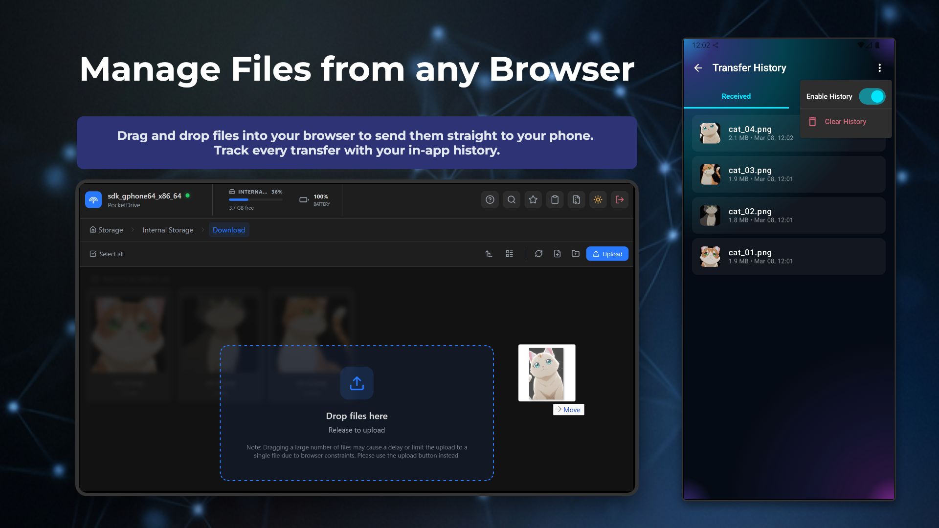 PocketDrive active file transfer progress between two Android devices