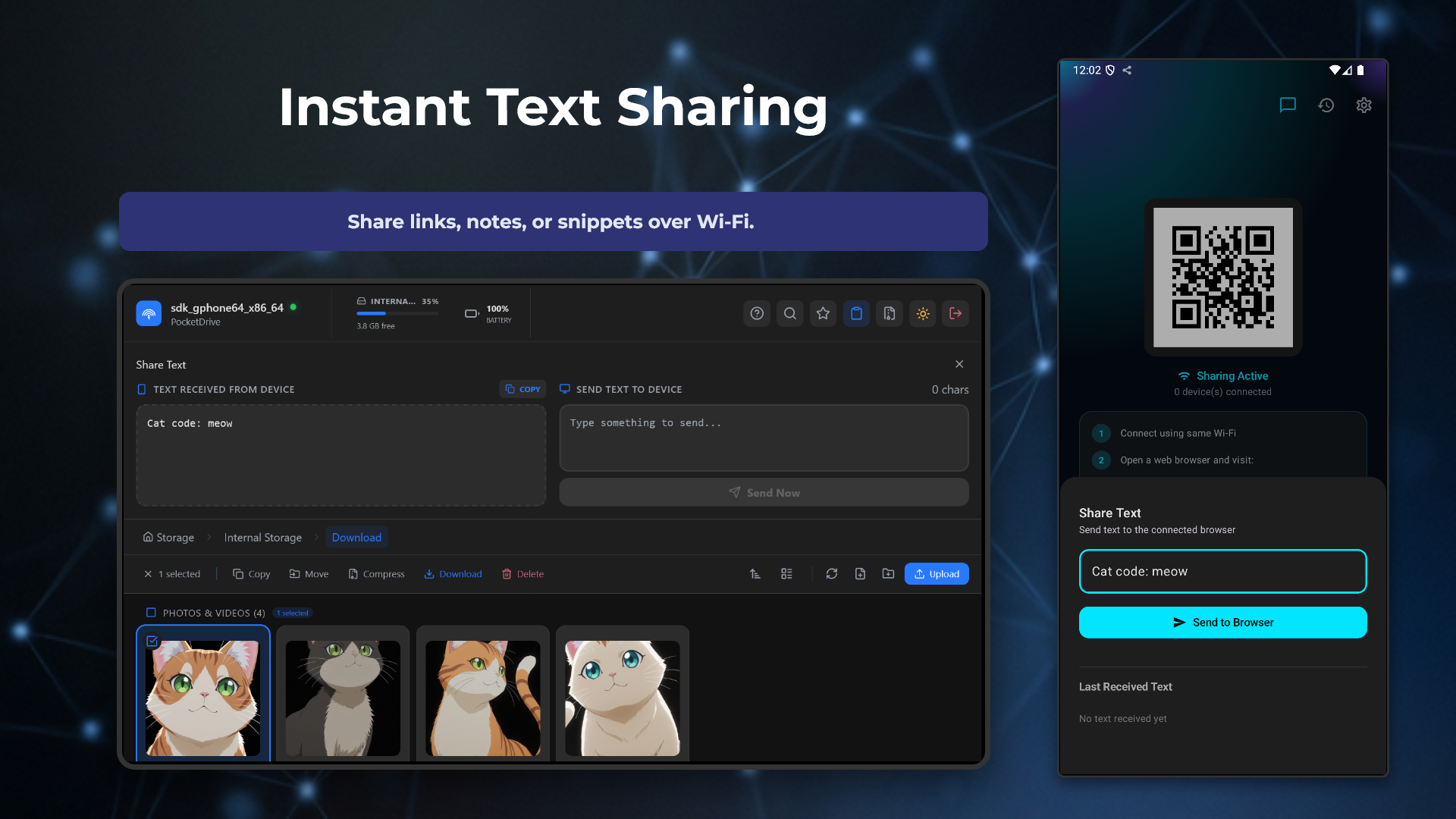PocketDrive received files list with download history