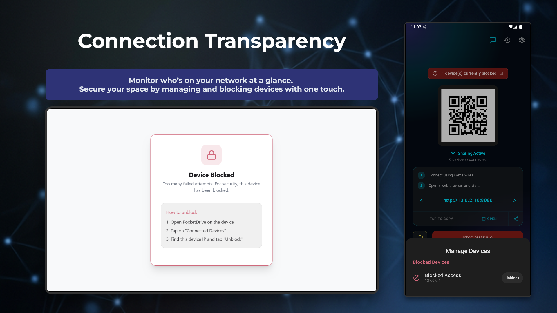 PocketDrive QR code device pairing for quick connection setup