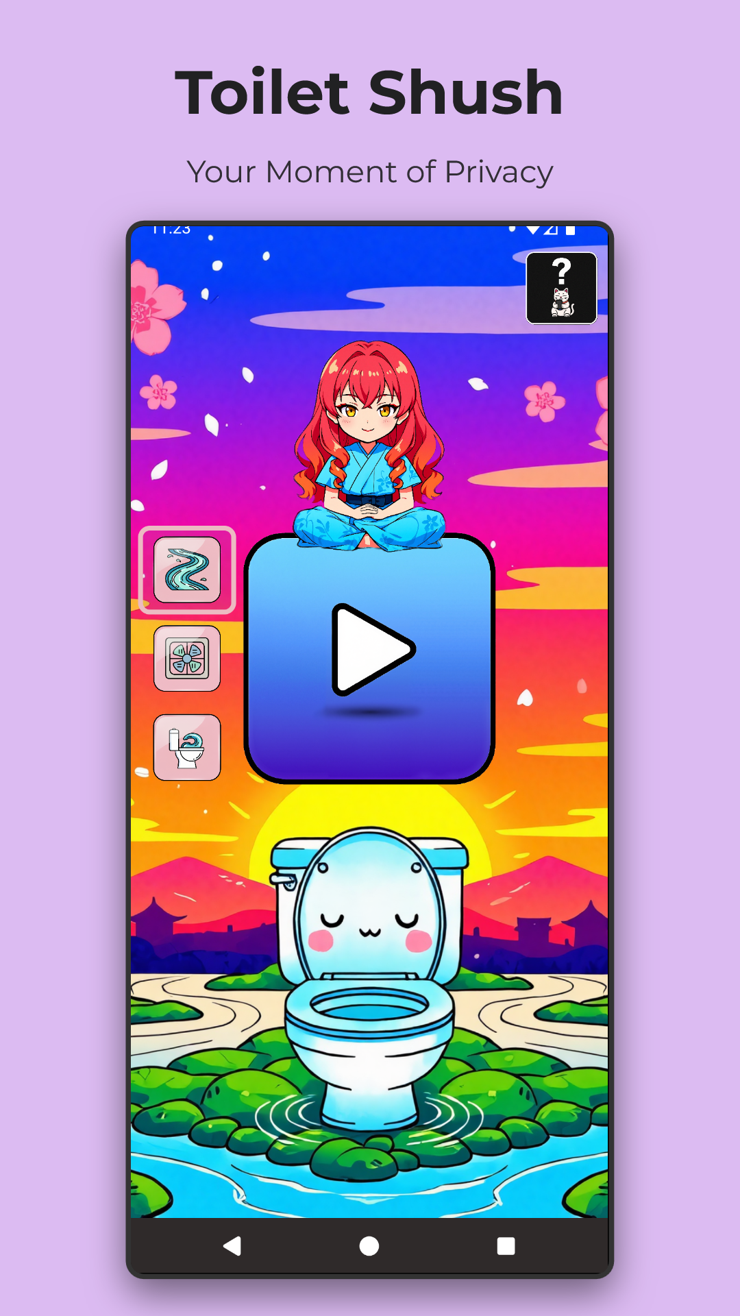 Toilet Shush main screen with one-tap sound activation button