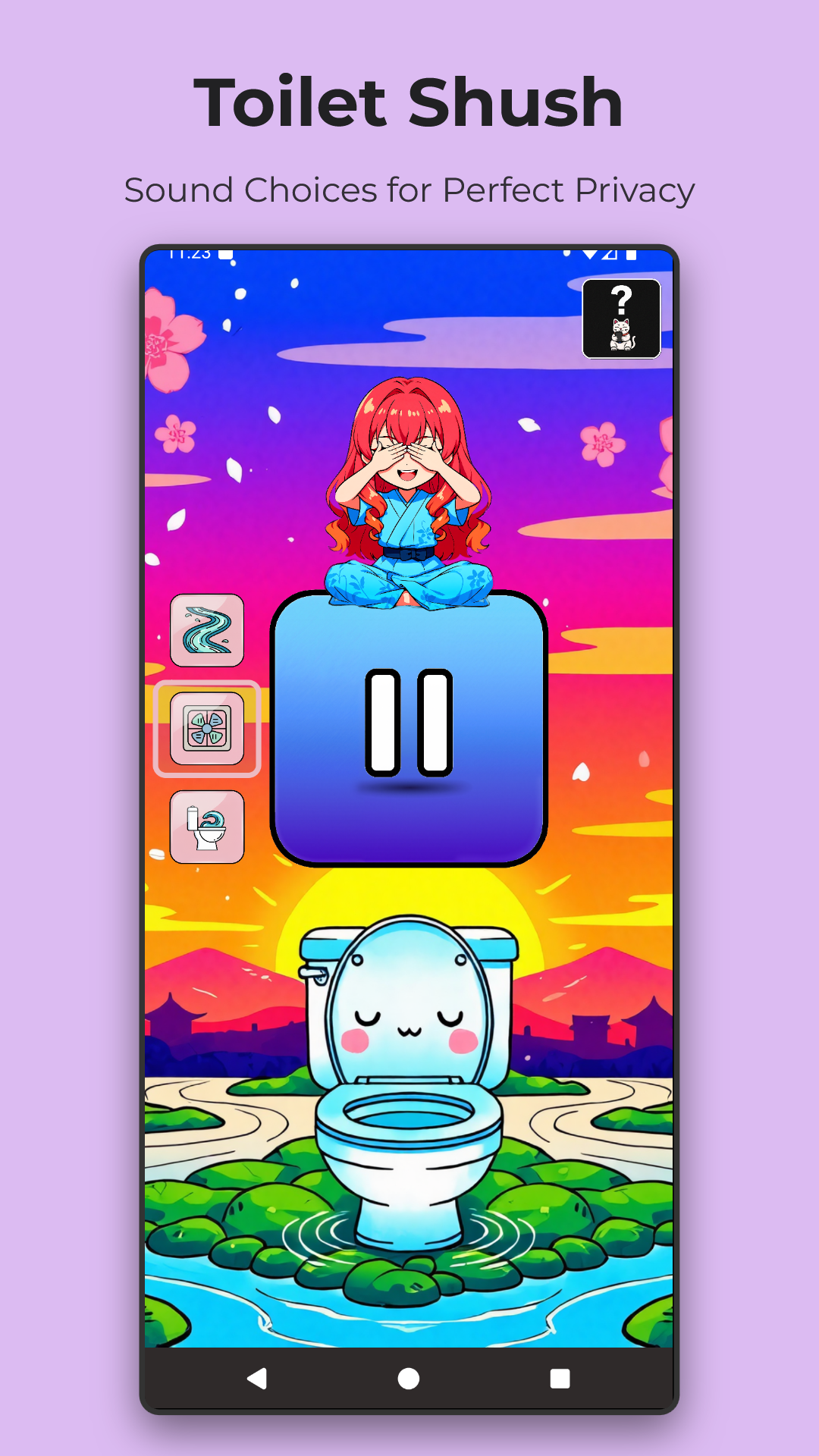 Toilet Shush playing ambient privacy sounds with timer active